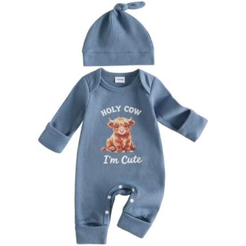Newborn Western Baby Boy Highland Cow Waffle Knit Romper Jumpsuit