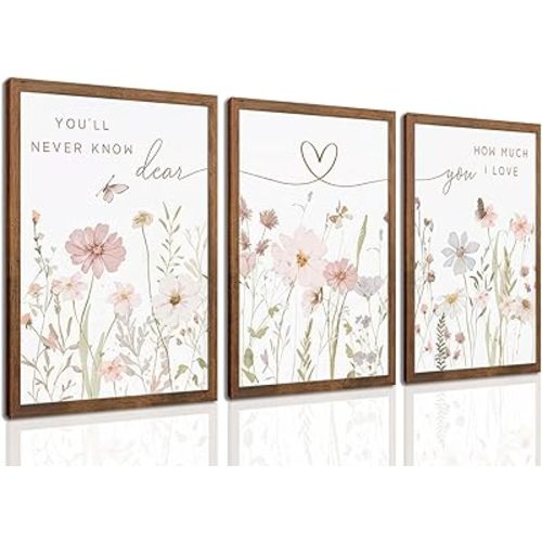 Rustic Floral Wall Art Set of 3, Watercolor Wildflower Prints with Heart Line and Inspirational Quotes Neutral Botanical Canvas Decor for Bedroom Living Room Nursery Home Decor 24x16 in Wood Framed