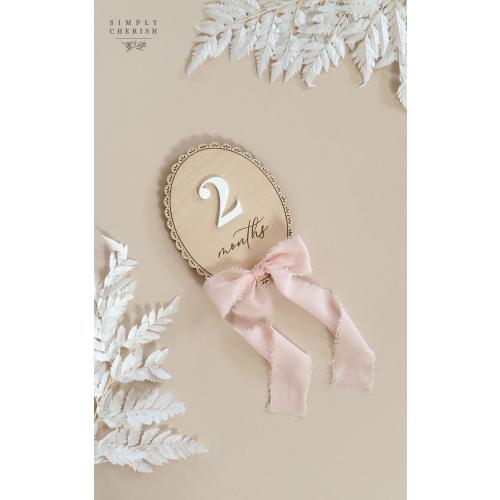 Ribbon Bow Name Sign | Vintage Lace Trim Coquette | Monthly Milestone Photo | Baby Monthly Milestone Signs | Wood Milestone Cards