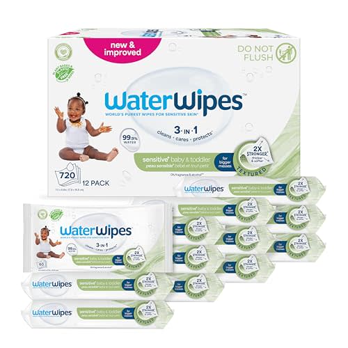 WaterWipes Sensitive+ Baby & Toddler Wipes, 3-In-1 Cleans, Cares, Protects, 99.9% Water, Textured Clean, Unscented & Hypoallergenic, 540 Count (Pack of 9)