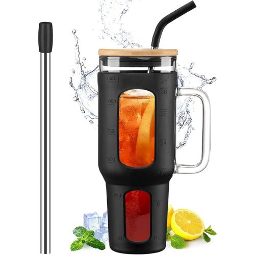 Glass Tumbler with Lid and Straw, 46 oz Iced Coffee Cup with Handle, Large Water Bottles with Silicone Sleeve, Glass Cup with Straws - Pearl Straw & Drinking Straw BPA Free-Black