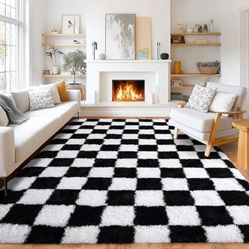 Pionblank 8x10 Area Rugs for Living Room, Fluffy Checkered Rug, Black White