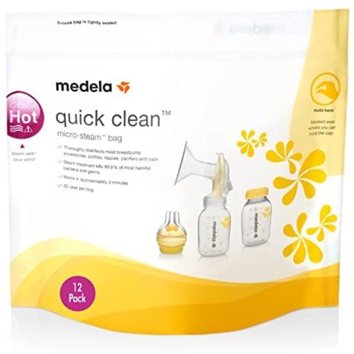 Medela Quick Clean MicroSteam Bags, Sterilizing Bags for Bottles Breast Pump Parts Eliminates 99.9 of Common Bacteria Germs Disinfects Most Breastpump Accessories, Yellow, 12 Pack