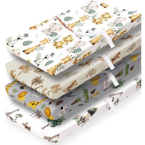 4 Pack Safari Jungle Animals Neutral Unisex Fitted Nursery Baby Sheets Set Toddler Mattress Sheets for Baby Boys or Girls (Changing Pad Cover)