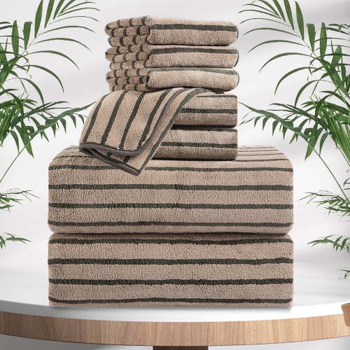 Jessy Home 8 Pcs Dark Brown Bicolor bar Stripe Large Bath Towels Set 2 Oversized Bathroom Towels, 2 Hand Towels, 4 Washcloths