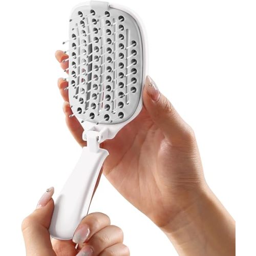 Travel Foldable Hair Brush,Self-cleaning Portable Pocket Hair Brush for Thin Thick Hair, Vented Speed Dry HairBrush for Men Women Kids Thick Thin Curly Straight Wet Dry Hair (White)