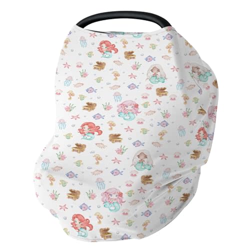 Cute Mermaids Car Seat Cover for Babies Mystical Mermaids Fishes Sea Horse Jellyfish Stretchy 5-in-1 Cover Adjustable Infant Carseat Cover Canopy Ocean Animals Breathable Nursing Cover-Up