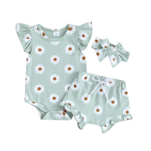 Hnyenmcko Newborn Baby Girl Clothes Daisy Print Fly Sleeve Romper Ruffle Bloomer Shorts Headband Set Infant Summer Outfits