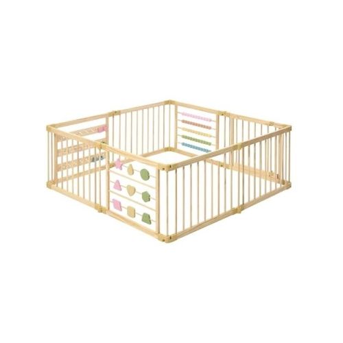 ZETY Wooden Baby Playpen 63"x63" 8 Panel, Geometry Activity Play Yard, Natural Pine