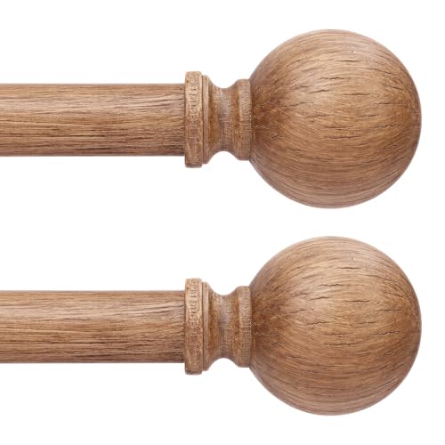 2 Pack Wood Curtain Rods for Windows 48 to 84 Inch, 1 Inch Boho Decorative Vintage Drapery Rod with Faux Wooden Grain Finial, Adjustable Heavy Duty Rustic Farmhouse Spliced Metal Curtain Pole
