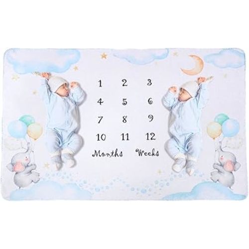 InnoBeta Baby Monthly Milestone Blanket, Flannel Plush Newborn Infant Photo Blanket, for Pictures Photography for Newborn Boys & Girls New Mom Gifts Twins Elephant (White, 39"x 59")