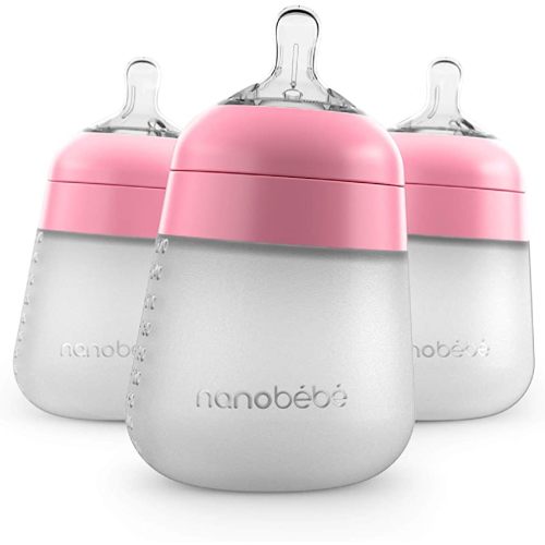 Nanobebe Flexy Silicone Baby Bottle, Anti-Colic, Natural Feel, Non-Collapsing Nipple, Non-Tip Stable Base, Easy to Clean, 3-Pack, Pink, 9oz