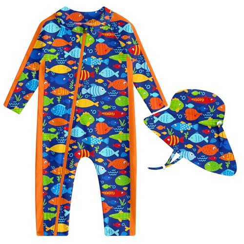 Funnycokid Baby Swimsuit Boy UPF50+ Zipper Infant Bathing Suits One Piece Rash Guard Swimwear with Hat