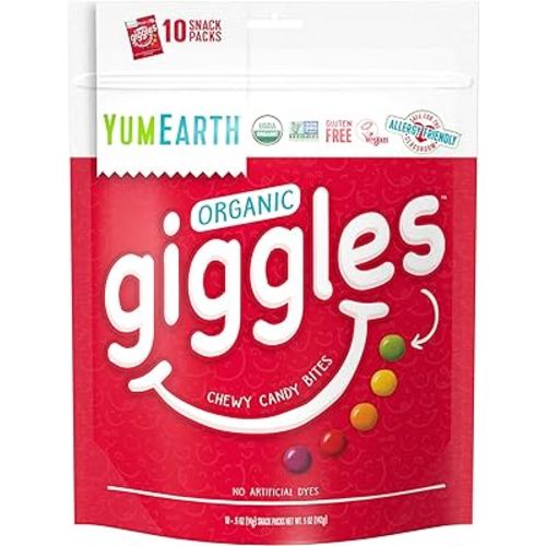 YumEarth Organic Fruit Flavored Giggles Chewy Candy Bites, 10-0.5 oz. Snack Packs, Allergy Friendly, Gluten Free, Non-GMO, Vegan, No Artificial Flavors or Dyes