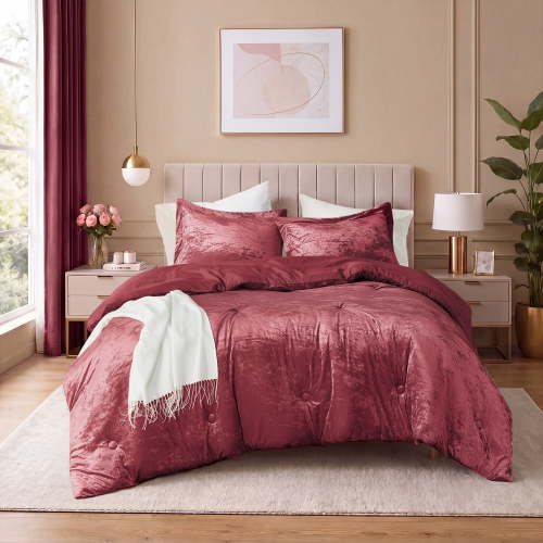Regency Heights Full/Queen Cozy Velvet Comforter Sets, Luxury 3-Piece All-Season Bedding, Bed Set with Shams，Ruby Wine