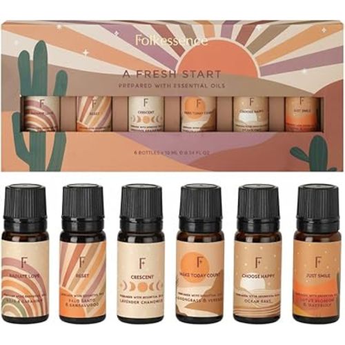 Folkulture Fresh Start Essential Oils Set for Diffuser | Aromatherapy Oils Set for Meditation, Relaxation, Reset & Mindful Living | 6 Scents – Lavender, Palo Santo, Ocean Salt, Sandalwood & More