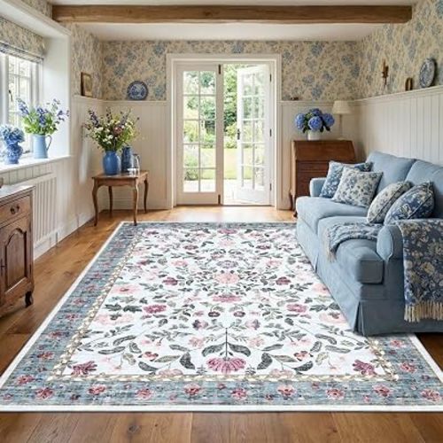 GarveeHome 5x7 Washable Non-Slip Rug, Vintage Floral Area Rug for Living Room, Low Pile Farmhouse Distressed Carpet for Nursery Playroom Dorm Teens Office, Light Blue