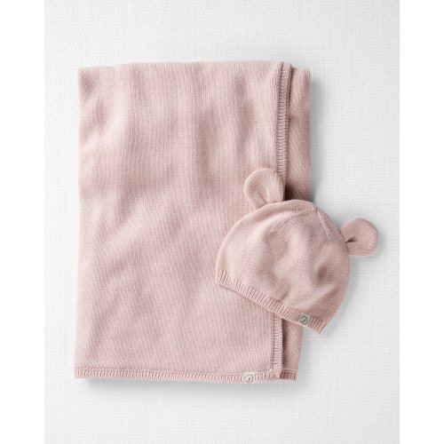 Baby Girl Organic Cotton Sweater Knit Blanket and Cap Gift Set