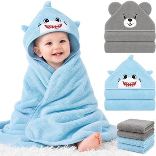 6 PCS Baby Bath Towels Set for Newborn Essentials (Shark, Bear)