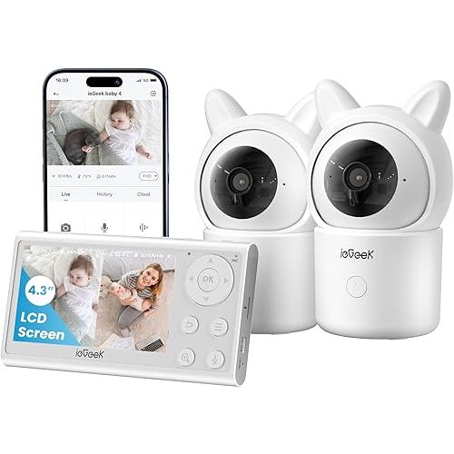 ieGeek Caméra de surveillance pour bébé avec 2 caméras, suivi automatique à 360 °, caméra vidéo vidéo pour bébé avec écran LCD sans fil sans fil sans fil sans fil sans WiFi et contrôle par application