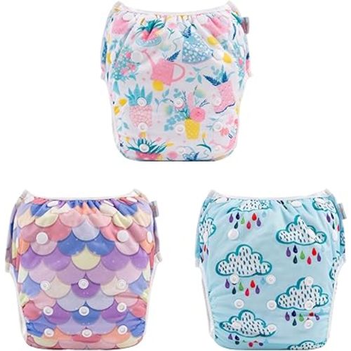Babygoal Baby Girl and Boy Swim Diapers, Reusable Adjustable Washable One Size Fits 0-8M Baby Gifts and Swimming Lessons 3 Pack 3SD25
