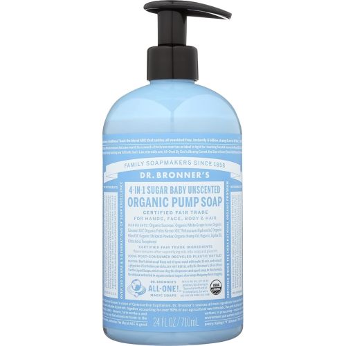 Dr Bronner Organic 4-in-1 Sugar Baby Unscented Pump Liquid Soap, Vegan, Non GMO, 24 Fluid Ounce (Pack Of 1)