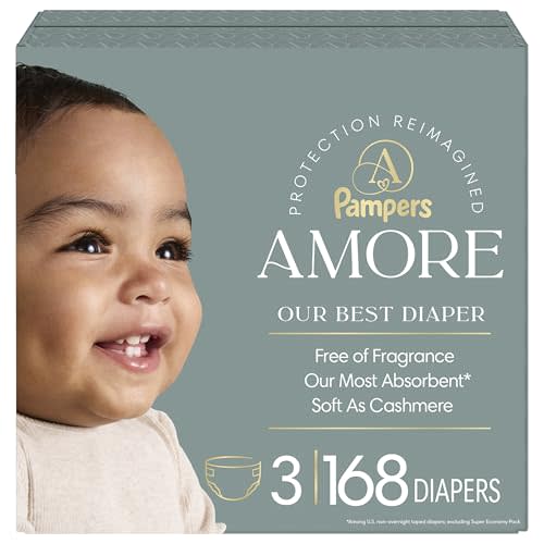 Pampers Amore, Size 3 (13-26 lbs), 168 Count, Our Best Diaper – Hypoallergenic & Fragrance Free, Up to 100% Leakproof, Soft as Cashmere