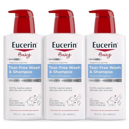 Eucerin Baby Unscented Baby Shampoo and Body Wash, Hypoallergenic, Tear Free Shampoo and Wash with Pro-Vitamin B5 and Shea Butter, 13.5 Fl Oz Bottle 3 pack | Unscented Baby Shampoo and Body Wash