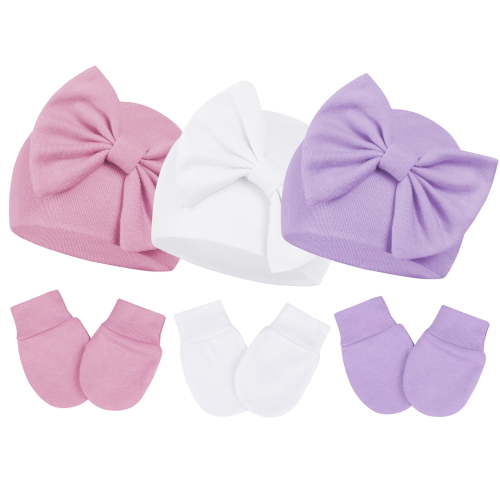 Zando 3Pcs Infant Hat and Mittens Set, Knit Newborn Beanie with Bow, Soft Cotton Accessories, 0-3 Months