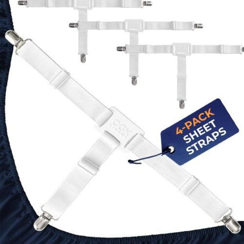 CGK Linens Adjustable Bed Sheet Holders with Metal Clips – Elastic Straps Keep Sheets Secure & in Place in White, Size Standard Crib/Toddler