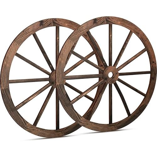 Qunclay 2 Pcs Wagon Wheel Decor Wooden Western Cowboy Party Decorations Vintage Rustic Wagon Wheel Wood Cartwheel Decor for Bar Garage Indoor Outdoor (Brown,12 Inch)