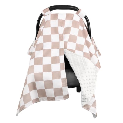 DILIMI Baby Car Seat Cover, Minky Warm Car Seat Covers for Babies, Peekaboo Opening Infant Car Seat Cover, Nursing Cover Carseat Canopy, Coffee Checkered