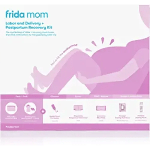 Frida Mom Hospital Packing Kit for Labor, Delivery, & Postpartum | Nursing Gown, Socks, Peri Bottle, Disposable Underwear, Ice Maxi Pads, Pad Liners, Perineal Foam, Toiletry Bag, 15 Piece Set