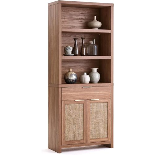 Walsham Bookcase, 71" Tall Bookshelf 5 Tier Rattan Boho Bookcase with Doors Storage, Large Wooden Book Case Farmhouse Bookshelf Library Book Shelves for Office, Natural