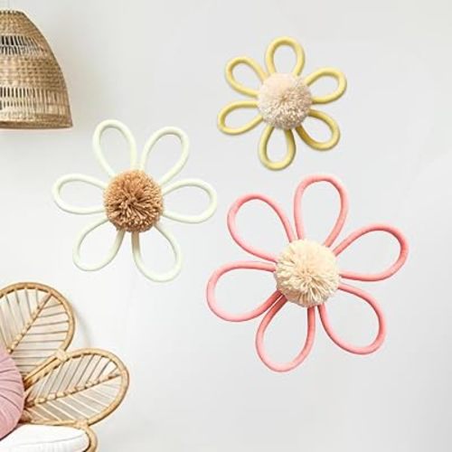 JoyuHome Boho Nursery Decor 3Pcs Handwoven Macrame Daisy Flower Wall Hanging - Wall Art for Baby Girls Room, Nursery, Home Decor, Wall Decor Gifts (White-Yellow-Pink)