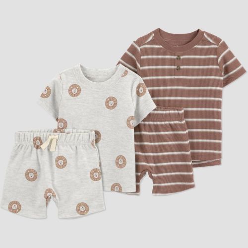 Carter's Just One You® Baby Boys' 4pc Striped Lion T-Shirt and Shorts Set - Gray/Brown 3M