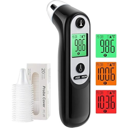 Viproud Ear Thermometer for Kids, Babies and Adults, 1 Second Accurate Digital Thermometer, Mute Function, 3-Color Fever Alert, 3 Age Groups, 30 Memory Recall with 20x Probe Covers (Dark Black)