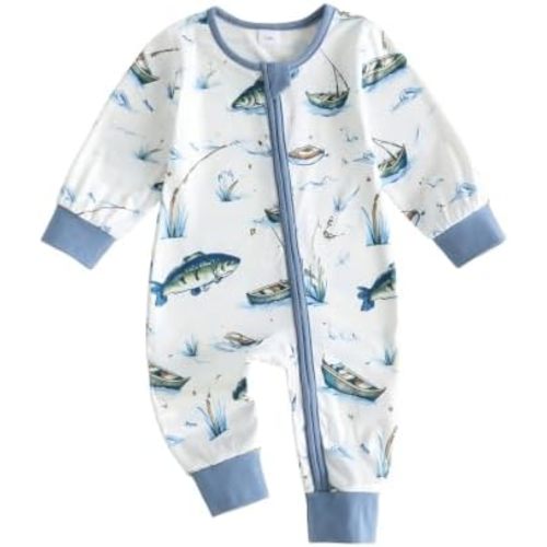 Newborn Baby Girl Boy Fishing Outfit Fish Romper Zipper Jumpsuit