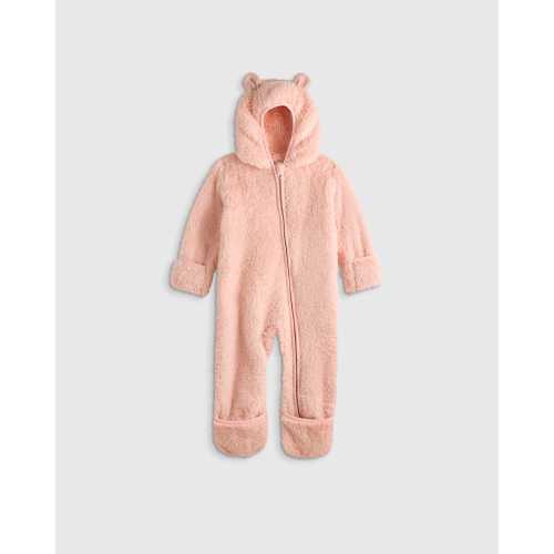 Recycled Sherpa Fleece Baby Bear Bunting - Baby in Cozy Pink