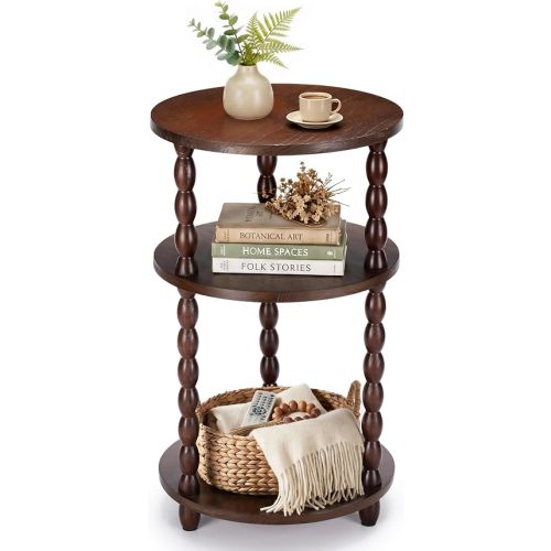 Small Round Side Table, 3-Tier Solid Wood End Table with Storage Shelf, Modern Bedside Tables Night Stand for Living Room, Bedroom, College Dorm, Small Space (Rustic Brown)