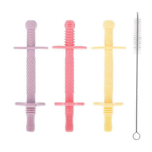 Nuby Sensory Silicone Tube Teethers for Infants, Pink, Purple, and Yellow, 3 Pack