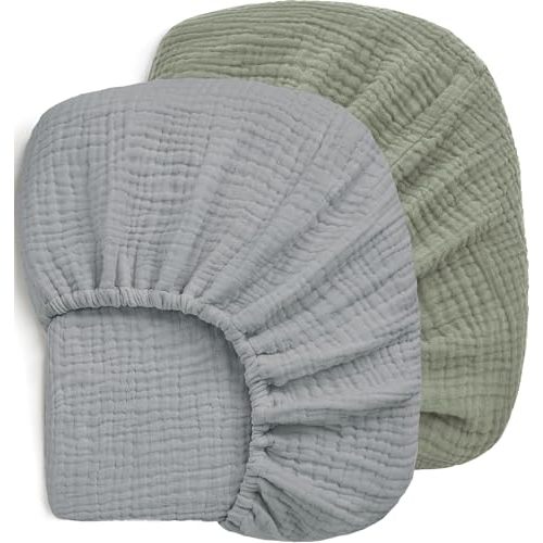 Pro Goleem 2 Pack Muslin Crib Sheets for Boys and Girls, Soft Breathable Neutral Fitted Cotton Baby Bed Sheets Set for Standard Crib Mattress & Toddler Mattress 52"x28", (Grey＆Green)