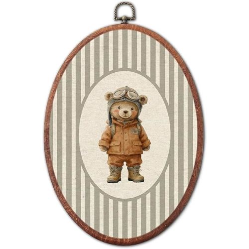 XSTWLJ Vintage Aviation Bear Boy Nursery Oval Wall Art, Grey Striped Canvas Prints Framed, Retro Decor Wall Art Hanging Decor for Bedroom Kids Toddler Room Playroom Decoration, 8.6x11.4 Inch