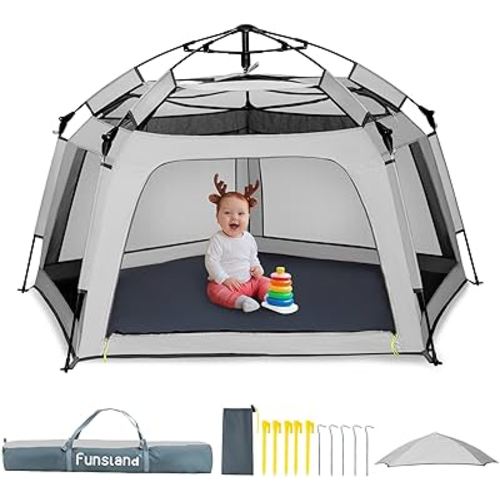 Baby Playpen Pop-up Tent - Outdoor & Indoor Play Tent for Beach with Canopy Travel Bag Portable Play Yard for Babies & Toddlers (Gray)