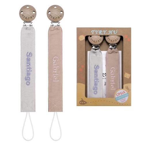 TYRY.HU Personalized Pacifier Clip with Name, Embroidery Pacifier Holder for Baby Girls and Boys, Neutral Binky Clips Universally Fit All Pacifiers & Baby Toys, Baby Gift, 2 Pack(Grey,Khaki)