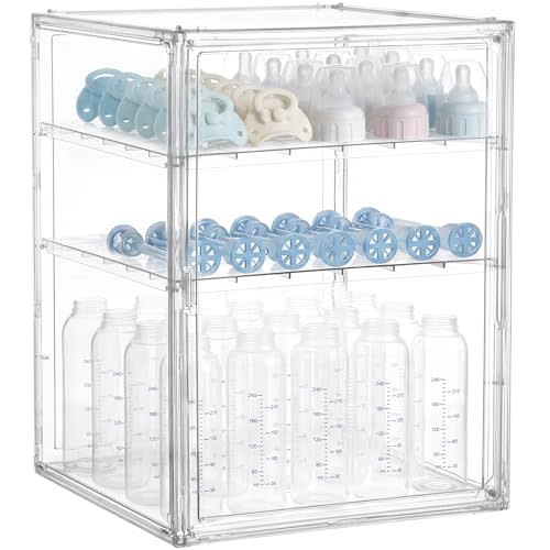 HBlife Baby Bottle Storage Organizer for Countertop Cabinet, 3 Tiers Adjustable Clear Acrylic Bottles Storage Station Case Box Container with 2 Removable Dividers and Magnetic Door, XXL