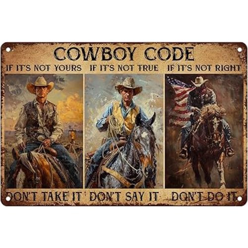 Cowboy Metal Sign Western Decor Cowboy Code Rustic Vintage Wall Art Tin Sign Gifts For Men Dad Man Cave 8x12 Inch