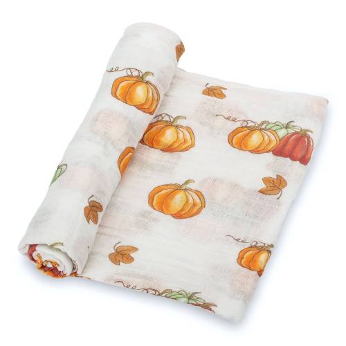 LollyBanks Pumpkin Patch Dreams Muslin Swaddle Blanket - 47x47 inches - Baby Nursery Essential