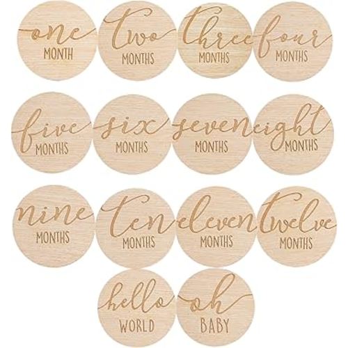 Pearhead Wooden Monthly Milestone Photo Cards - 7 Double-Sided Engraved Discs for Baby Announcement and Milestones, Gender-Neutral Photo Props for Newborn Boy and Girl, Light Wood