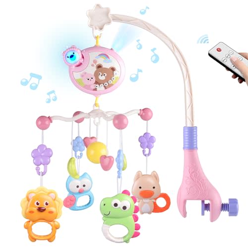 Crib Mobile with Music and Lights, Baby Mobiles for Cribs, Nursery Musical Mobile for Bassinets Toys Hanging Girls Boys, Pack and Play Space Portable Animal Mobile Hanger Arm Clip On Attachment